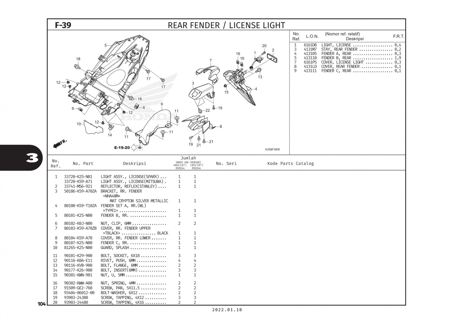 F39 - DÈ SAU/ĐÈN BIỂN SỐ - HONDA VARIO 160 (K2S)